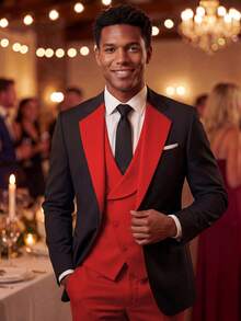 Bộ vest nam 3 món phong cách retro lấy cảm hứng từ tiền tệ, dáng ôm, gồm áo khoác cổ nhọn, áo gile và quần tây, thích hợp cho đám cưới, tiệc tùng và các dịp trang trọng (Áo khoác + Áo gile + Quần tây) (Size XS-3XL) - Đỏ - Xem 10