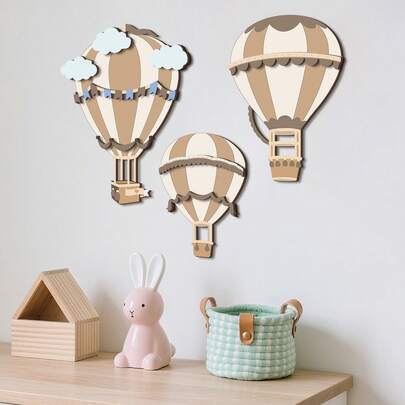 2D flach, 3-teiliges Vintage Brauntöne Heißluftballon 3D Wanddekoration, minimalistisches florales 3-teiliges Set, geeignet für Wohnzimmer, Schlafzimmer, Büro, einzigartiges Geschenkidee, Heimdekoration