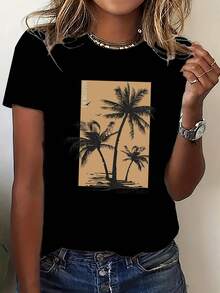 Camiseta de algodón de 180 g de peso, estilo vacacional fresco para mujer - con estampado de cocoteros tropicales, lavable aáquina, top casual deportivo de cuello redondo fácil de combinar, tela transpirable, adecuada para todas las estaciones, disponible enúltiples colores y tallas, perfecta para vacaciones en la playa, fiestas de verano y salidas diarias, resaltando tu calidez y energía, ¡una prenda imprescindible! Adecuada para el transporte diario, salidas informales, versátil para uso en casa e para paseos al aire libre. Sencilla y versátil, un estilo de nicho a, la primera opción para parejas. - Blanco - Ver 7