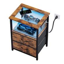 Tomnk 2 Drawers Night Stand With Charging Station & Glass Top, LED Nightstand With Enhanced Glow For USB Ports And Outlets, Bedside Table With 2 Fabric & PU Drawers, Modern End Table - 美規B型插(110-127V) - 查看 13