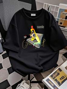 T-shirt pour femmes imprimé en suède noir en coton, tailles S à 5XL, manches longues ou courtes, référence VN0796 - Noir - View 2