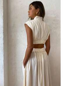 Women's Long Dress With High Neck, Sleeveless, Elegant Women's Dress With Side Cutouts And Pockets - 白色 - 查看 5