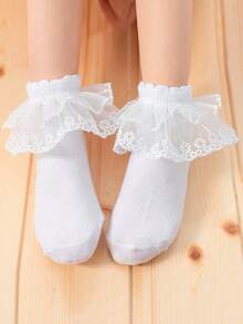 5 Pairs Girls Lace Trim Solid Color Ankle Socks, Princess Style Socks Suitable For Toddlers And Big Kids - White - View 5