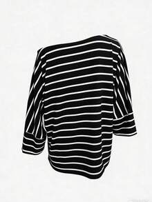 Women's Striped Asymmetrical Shoulder Batwing Sleeve Loose Casual T-Shirt, Summer Black Spring - Black - View 4