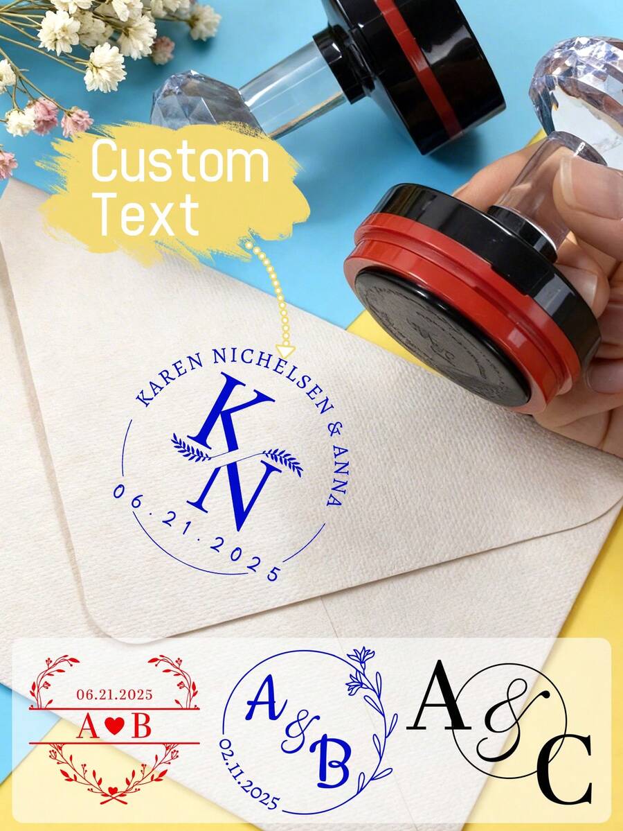 Customized Stamp, Wedding Stamp, Personalized Name Stamp, Customized Address Stamp, Customizable Signature Stamp, Birthday Gift, Wedding Gift, Anniversary Gift, Valentine's Day Gift, 3 Ink Color Options, Bride & Groom, Party, Reusable, Envelope, Backpack, Invitation - Style B - View 1
