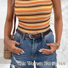 1pc Solid Color Casual PU Leather Waist Belt, Slim Design, Suitable For Women All Seasons Summer, School Fall, Autumn, Halloween, Belts For Women, Western Belt - 棕色 - 查看 2