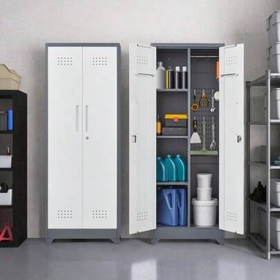 Armário de metal cinza de 65" para armazenamento de ferramentas de limpeza com portas com trava, prateleiras, varão para pendurar e ganchos em S.