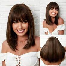 Brown Stright Bob Wig With Bangs- 12inch Synthetic Wigs For Women Heat Resistant Cosplay Colourful Synthetic Hair Wig High Temperature Hair For Women Holiday Daily Fashion Style Synthetic Hair Wig For Halloween And Christmas - 棕色 - 查看 1