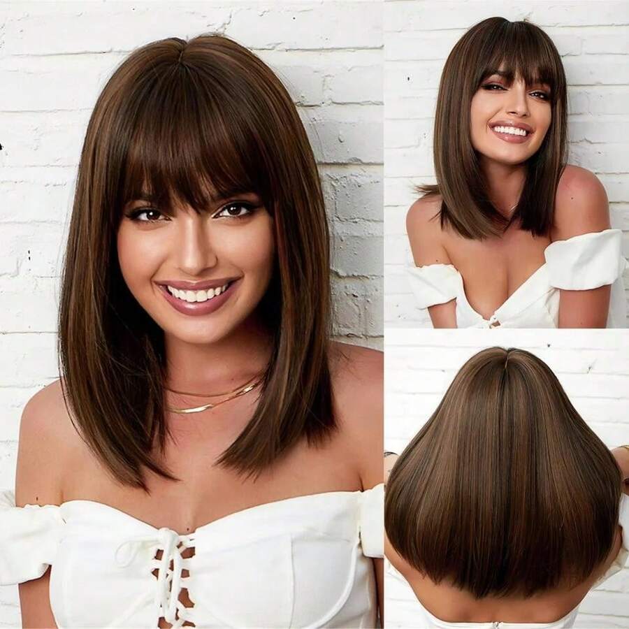 Brown Stright Bob Wig With Bangs- 12inch Synthetic Wigs For Women Heat Resistant Cosplay Colourful Synthetic Hair Wig High Temperature Hair For Women Holiday Daily Fashion Style Synthetic Hair Wig For Halloween And Christmas - 棕色 - 查看 1