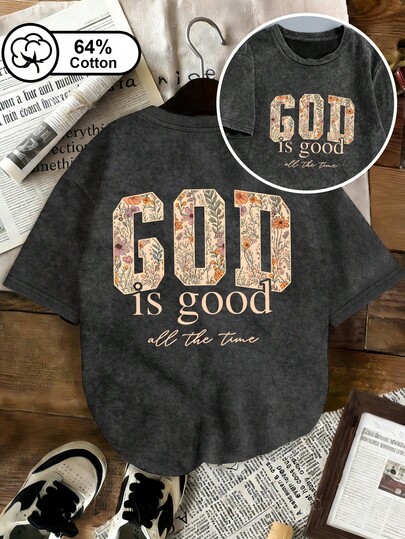 Áo thun nữ cỡ lớn kiểu dáng thường ngày - Phong cách vintage giặt tuyết với họa tiết hoa văn in chữ "GOD Is Good All The Time" - Áo tay ngắn phù hợp cho hoạt động ngoài trời và mùa hè - Họa tiết in đồ họa