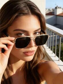 1 Pair Of Women's Black-Silver Double-Bridge Pilot Sunglasses, Metal Material, UV400 Sun Protection, Minimalist Pool-Style Sunglasses, Summer Vacation Style - Multicolor - View 2