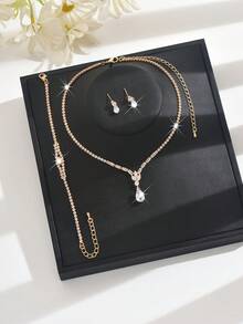 Bộ trang sức nữ: Dây chuyền mặt dây + Hoa tai + Vòng tay, Phong cách sang trọng, Phụ kiện cô dâu dự tiệc cưới, Quà tặng Ngày Valentine & Ngày của Mẹ - Vàng - Xem 2