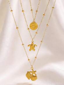 1 Set Vintage Elegant Fashion Ocean Style Shell, Turtle, Starfish Beaded Multi-Layer Necklace Set, Stainless Steel Jewelry, Suitable For Daily, Beach, Vacation, Casual Wear, Gift For Friends, Family, Couples - Gold 4 - View 5