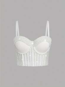 Handmade Pearl Camisole Strap Top, Fashionable & Youthful, Shaping, Solid Color, Gather & Lift, Retro, Sexy Clubwear Crop Top For Women Casual White Summer - White - View 4
