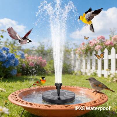 Đài phun nước tự động hoàn toàn 1.5W chất lượng cao chạy bằng năng lượng mặt trời với 6 vòi phun, đạt chuẩn IPX8, đài phun nước tắm chim chạy bằng năng lượng mặt trời, thích hợp cho chim tắm, vườn, ao, bể cá, hồ bơi và sử dụng ngoài trời. Bơm nước chạy bằng năng lượng mặt trời dùng ngoài trời.