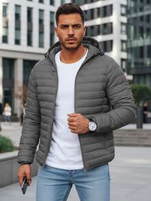 Men's Transitional Season Quilted Jacket, Hooded, Zip-Up Closure, Lightweight And Short, With Elastic Cuffs And Hem, And Features Internal And External Pockets And An Adjustable Hood. - Grey - View 2