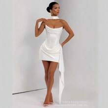 SDM191 Temperament Tube Top White Short Satin Sleeveless Dress With Fishbone Original Product - 米白色 + XS - 查看 2