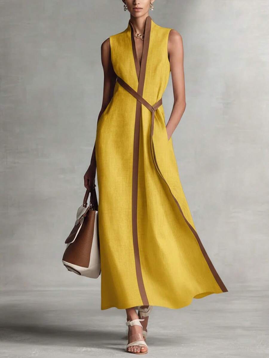 Women's Dress - Summer New Style Of 2026 Stand Up Collar Sleeveless Casual Contrast Loose Dress - 黃色 - 查看 1