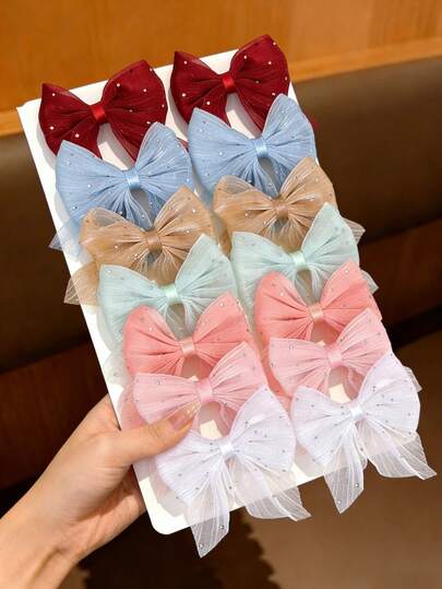 14件套多色网纱格纹蝴蝶结珍珠吊坠燕尾发夹，仿钻装饰，可爱学院风发饰，适合日常佩戴和派对发夹，青少年发饰