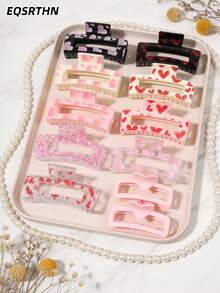 Cute Heart Pattern Hair Clips Set Composed Of Rectangular Jaw Clips In Love Heart Patterns And Charming Pink Heart Clips Ideal For Daily Styling Vacation Photoshoots Gifting And Girls' Night Out - Multicolor - View 1