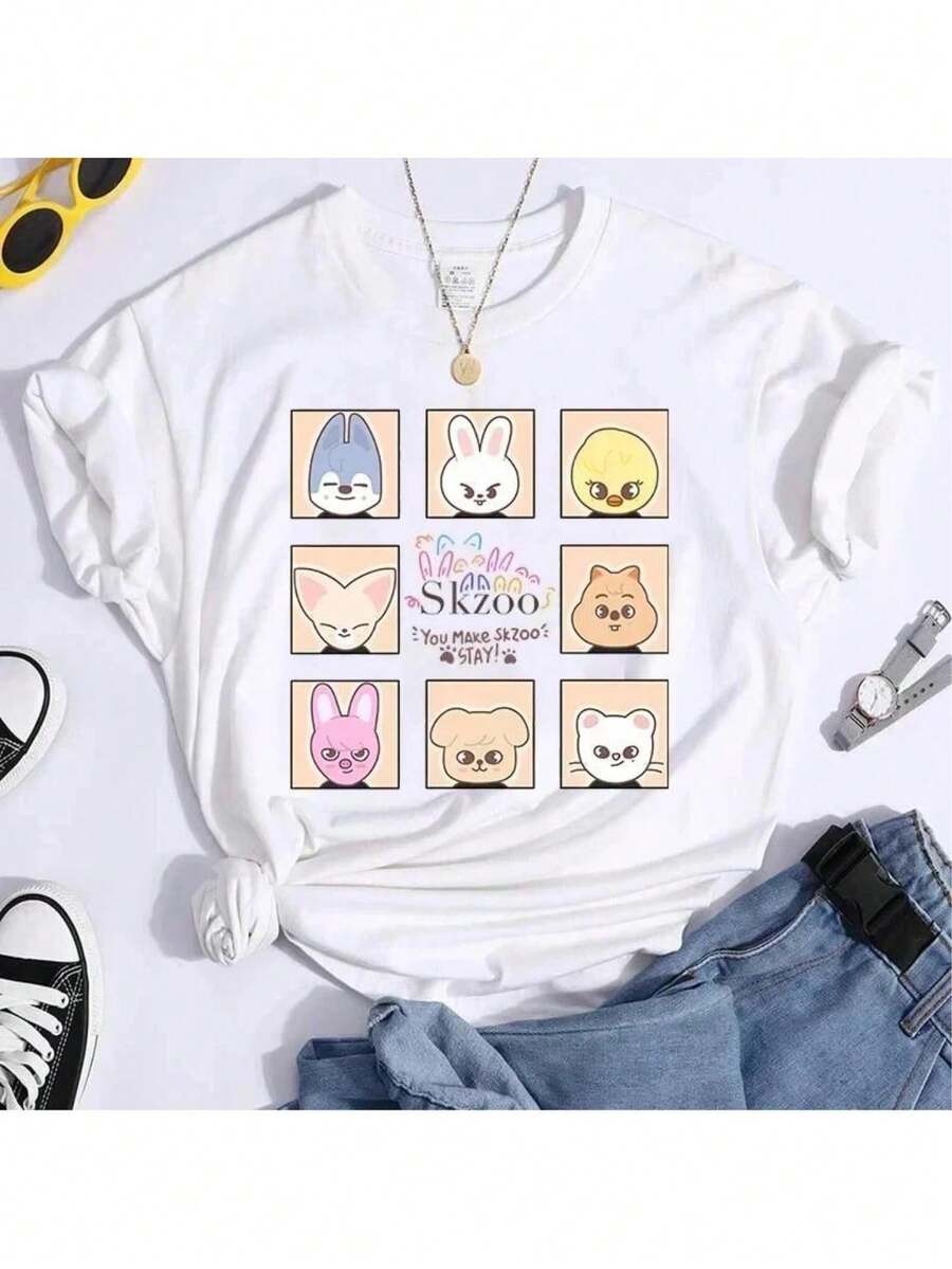 2025 New K- Stray Fashion T-Shirt Girl T-Shirts Y2K T-Shirt Casual Summer Short Sleeved Female Tops Tees - 白色 - 查看 1