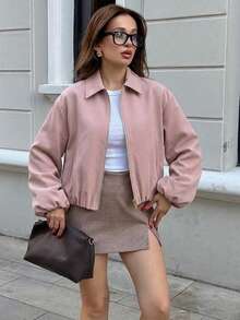 Áo khoác nữ màu hồng có túi khóa kéo - Áo khoác dáng rộng thoải mái có ve áo, thích hợp cho mùa xuân/thu. - Hồng - Xem 4