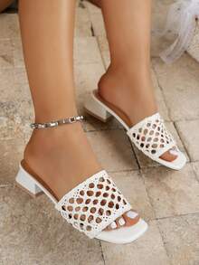 Sandal nữ đế chunky mũi vuông rỗng dệt kim, màu trắng, thoáng khí, thích hợp đi biển, dự tiệc ngoài trời mùa hè. - trắng - Xem 4
