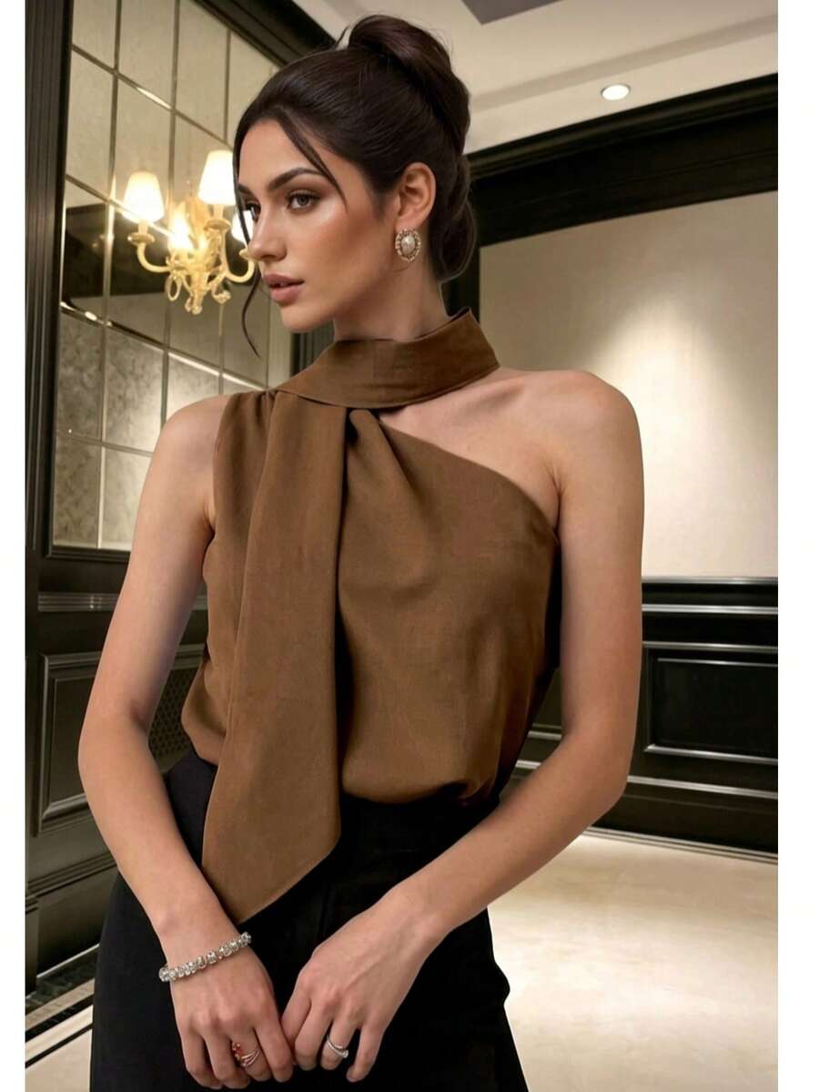 Satin One-Shoulder Blouse With Elegant Butterfly Knot Tie At The Neck, Perfect For The Office. - 鏽棕色 - 查看 1