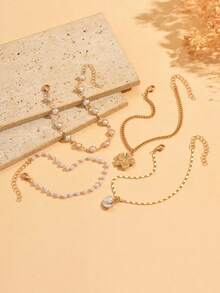 4pcs/Set Elegant Versatile Multi-Layer Gold Tone Shell & Flower Pendant Anklet, Suitable For Daily Wear, Dates, Gatherings, Beach Vacations. Handmade Chain Can Be Trimmed To Desired Length - Gold - View 3