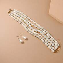 1pc Minimalist Multi-Layer Necklace, 1 Pair Pearl Earrings, 1 Set Jewelry Set. Elegant Faux Pearl Choker Necklace + Earrings Jewelry Set, Suitable For Women's Daily, Party, Or As A Perfect Gift - White - View 3