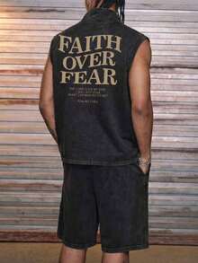 Simple-Men's Summer Washed Distressed Half-Zip Vest Set - Black - View 2