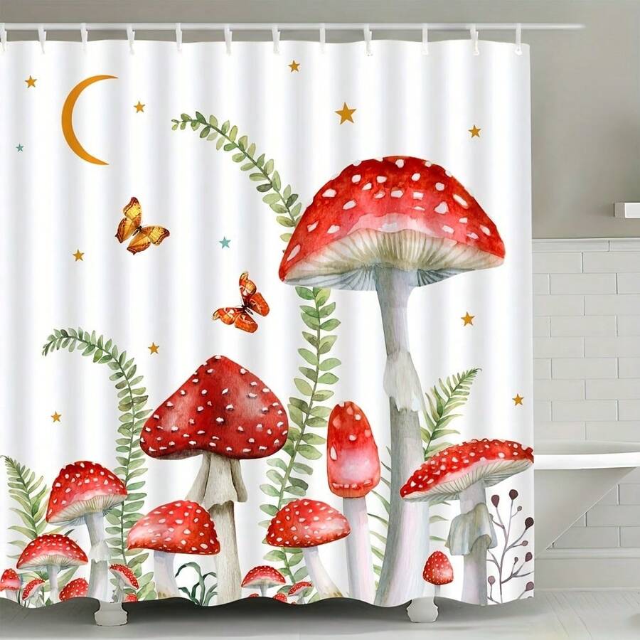 奇趣红色蘑菇蝴蝶浴帘 - 高品质涤纶面料，带挂钩，70.8x70.8 英寸，迷人的森林夜空设计，点缀着星星和新月，可机洗，四季皆宜的浴室装饰，乡村风格浴帘，季节性装饰，卡通风格，易于安装，家居饰品，家居装饰，星月图案，易护理面料，自然爱好者的理想之选