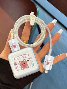 5个黑色蝴蝶/可爱小熊/线条熊TPU充电器保护套，适用于苹果35W充电器/保护线缆，防止弯曲 - 彩色 - 查看 3