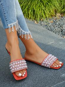 Women's Crystal Pearl Decor Square Toe Low Heel Flat Sandals, Fashionable Elegant Style, Suitable For Daily Wear And Outdoor Walking In Summer, Random Pattern Design - Red - View 5