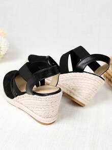 Sandalias de cuña casuales y de moda para mujer con cuerda de paja, malla elástica y diseño cruzado, transpirables - Negro - Ver 4