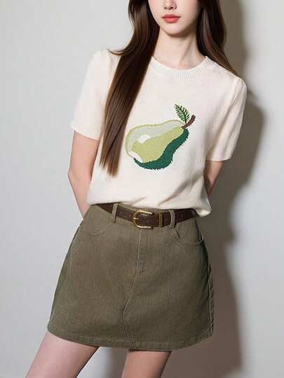 Women's Casual Fruit Pattern Round Neck Short Sleeve Knit Top, Summer