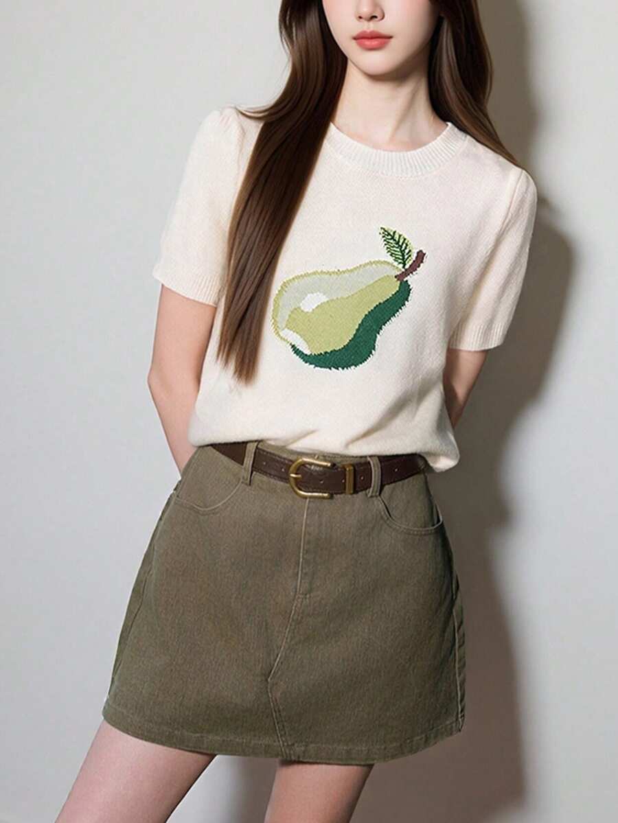 Women's Casual Fruit Pattern Round Neck Short Sleeve Knit Top, Summer - Beige - View 1