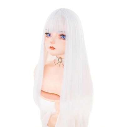 alicegarden 26-Inch Long Synthetic Wig Featuring A Natural Straight Style A Stunning White. Designed With Bangs , It Is Crafted From Heat-Resistant Fiber To Ensure Durability. This False Hairpiece Is Perfect For Daily Use, Offering A Natural And Realistic Appearance That Mimics. (Excluding Accessories)