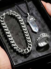 4pcs/Set Fashionable & Stylish Men's Quartz Watch Set, Including Multifunctional Quartz Watch (With Roman Numerals), Cuban Link Bracelet, Pendant Necklace And Silver Ring, Exquisite Design Showcasing Gentleman Taste. - Silver - View 21