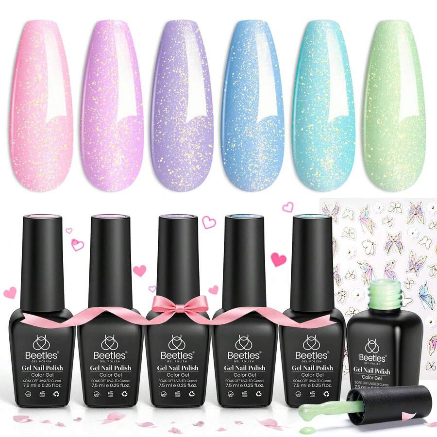 Beetles Pearl Gel Nail Polish, 6 Colors Shimmer Pearl White Pink Purple Mermaid Nail Drawing Spring Gel Polish - 6 Colors Spring Dream - 查看 1