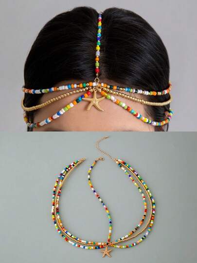 2pcs Fashion Ocean Style Faux Pearl Chain Resin Tassel Multi-Layer Headpiece, Suitable For Women's Parties, Gatherings, Gifts For Friends