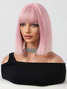 Pink Stright Bob Wig With Bangs- 12inch Synthetic Wigs For Women Heat Resistant Cosplay Colourful Synthetic Hair Wig High Temperature Hair For Women Holiday Daily Fashion Style Synthetic Hair Wig For Halloween And Christmas - 粉色 - 查看 5
