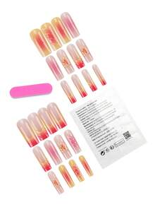 24片方形/裸色底色+火焰渐变+立体花朵的按压式美甲，完美融合了热带风情和华丽感，适合度假、派对、音乐节等个性化场景，是典型的辣妹风格假指甲。 - 彩色 - 查看 2