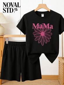 HypeHer Best Selling 2026 2 Piece Set Outfits Women's Casual Sports Street Style Retro College Round Neck Short-Sleeved Tee With MaMa Florals Prints + Ultra-Short Shorts Sports Sweater Suit Ultra-Loose Suit Women's Two Pieces Suit Women Short Sets Comfortable Two Pieces Set 2 Pieces Short Sets - 黑色 - 查看 4