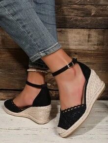 女士闭趾搭扣网眼天鹅绒面料亚麻绳时尚轻便坡跟鞋 - 黑色 - 查看 5