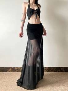 Top Dazzle 女士哥特风不对称裹身长裙，前短后长，半透明涤纶网纱裙，褶皱细节，略带弹性 - 黑色 - 查看 6