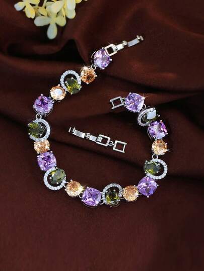1件装多色紫色和橄榄绿立方氧化锆奢华闪亮婚礼派对订婚手链，女士镀银首饰
