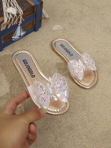 儿童时尚拖鞋，新款夏季圆头蝴蝶结设计时尚女童沙滩拖鞋 - 香檳色 - 查看 5