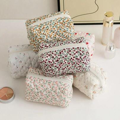 便携式绗缝棉质化妆包 印花旅行洗漱包 大容量化妆品收纳包 女士