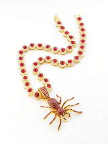 一套嘻哈新款斗牛犬吊坠菱形链项链手链，男士红色表带，时尚酷炫男士配饰 - 紅色 - 查看 2